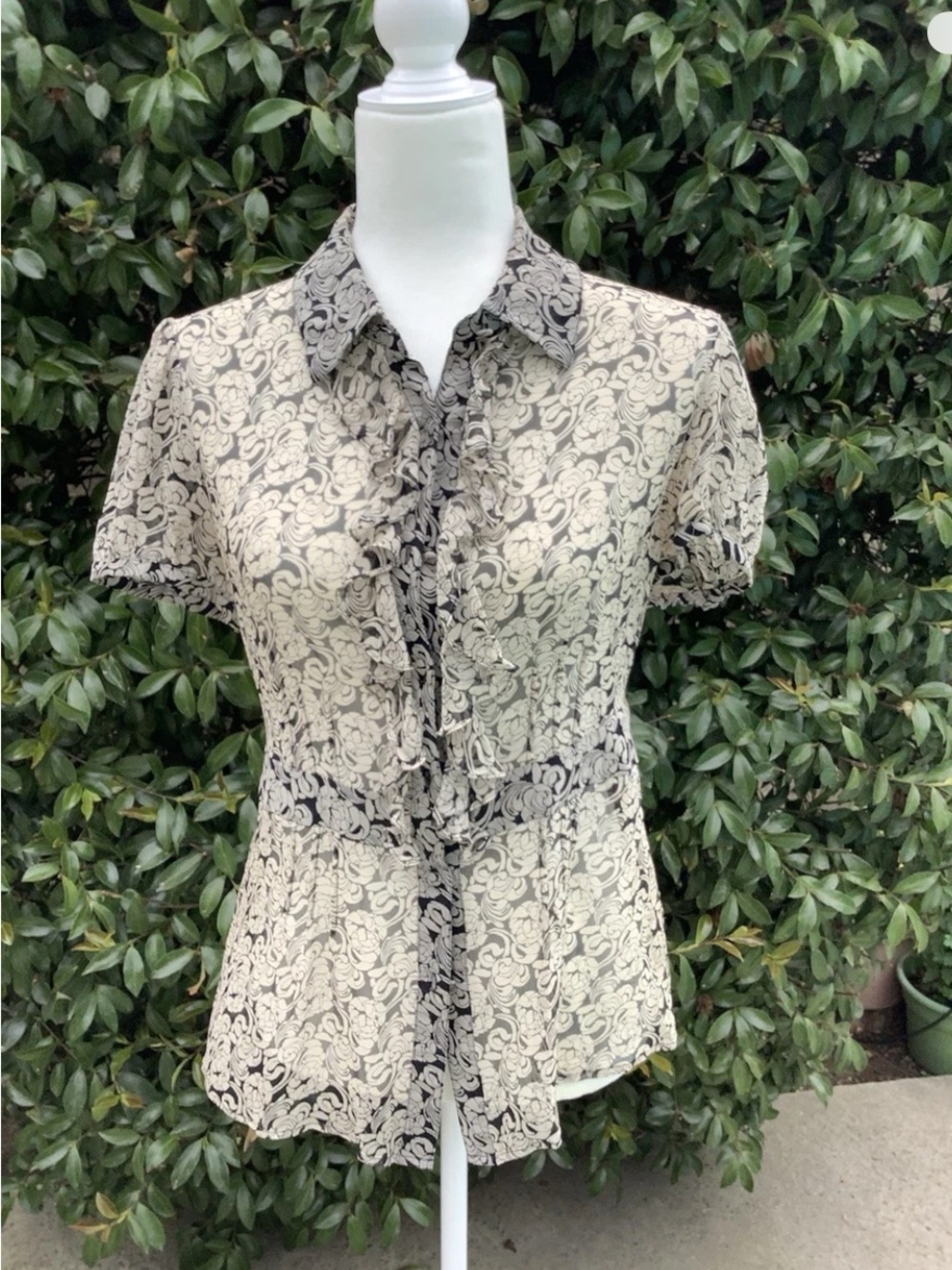 Alfani Cream and Black Sheer Ruffle Button Front Blouse